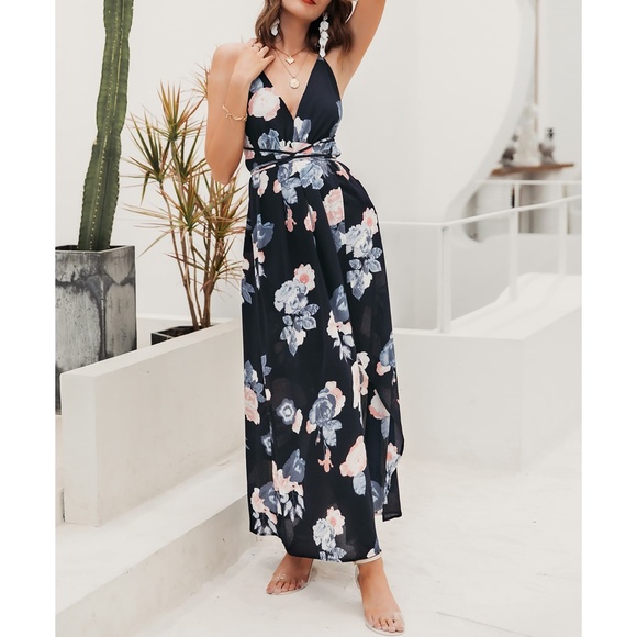 Navy Blue Floral Backless Lace Up Wrap Maxi Dress - Picture 3 of 11